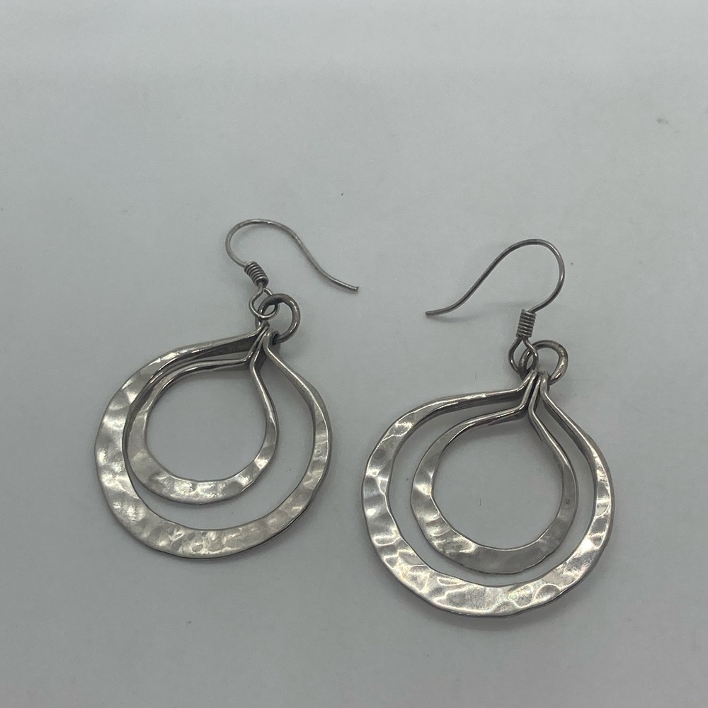 Vtg 925 Sterling Silver Hammered Texture Double Teardrop Hook Earrings | 1.9” L